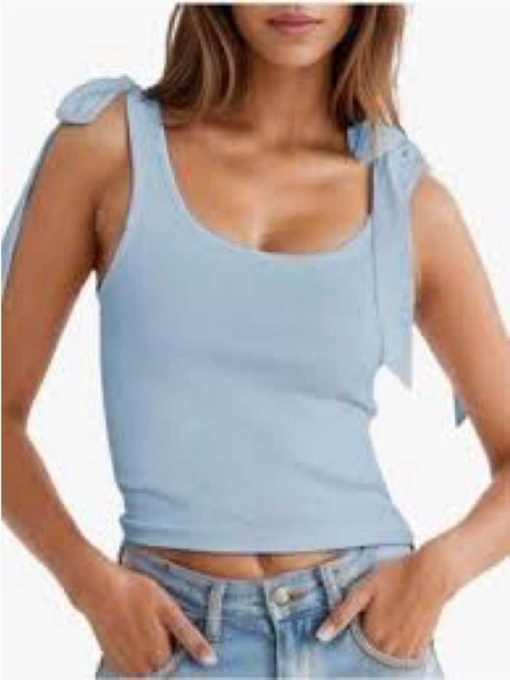French Connection Powder Blue Tie-Shoulder Ribbed Tank